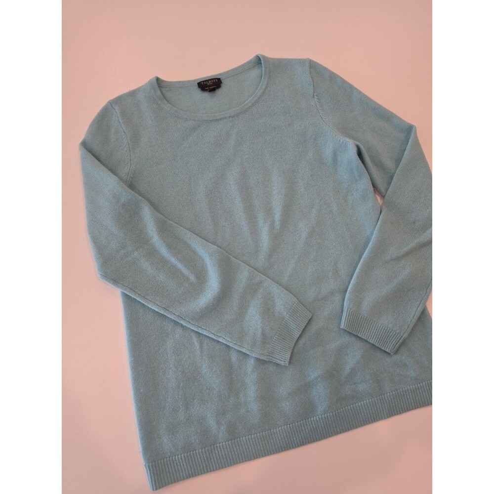 Talbots 100% Cashmere Sweater Small Petite Aqua Blue Quiet Luxury Crew Neck